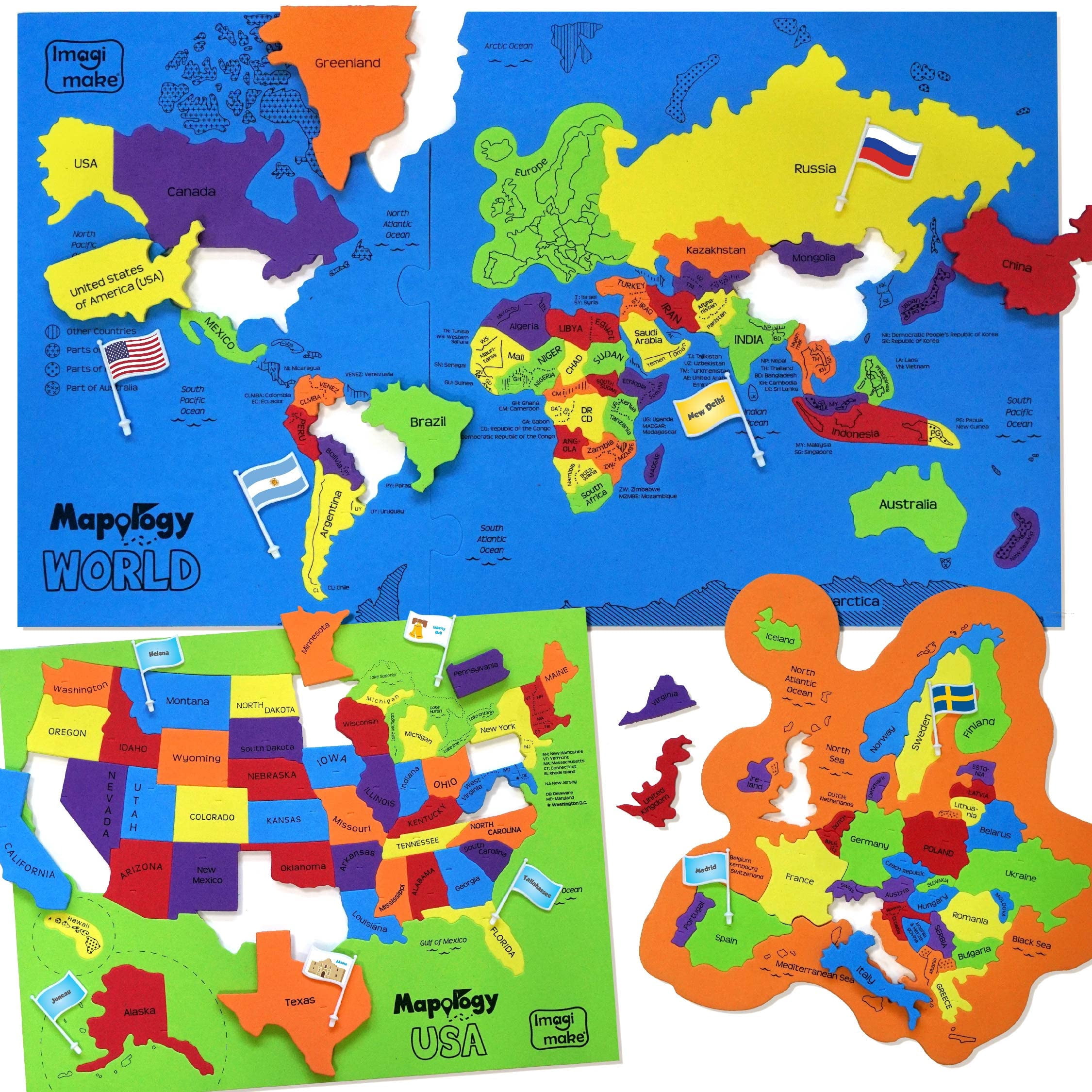 Imagimake Mapology USA & World Map Puzzle with Flags, Capitals, Stickers | Educational Toys for Ages 5-7 | Jigsaw Puzzles for Kids Ages 8-10 | Geography Toys for Ages 8-