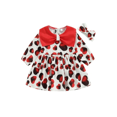 

Vigorbear Kid Baby Girl Dress Long Sleeve Heart Print High Waist A-Lined Casual Party Dress Headband Valentine s Day Outfit