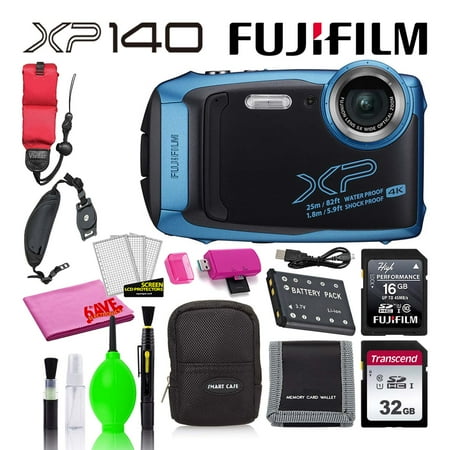 Fujifilm FinePix XP140 Waterproof Digital Camera (Sky Blue) Best Value Accessory Bundle -Includes- 32GB SD Card + 16GB SD Card + Camera Case + Floating Wrist Strap + Deluxe Cleaning Kit +