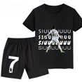 thumbnail image 4 of Conjunto de 2 piezas de camiseta y pantalones cortos deportivos con estampado de jugador de fútbol Ronaldo para niños y niñas, ropa deportiva informal de verano, 4 of 5