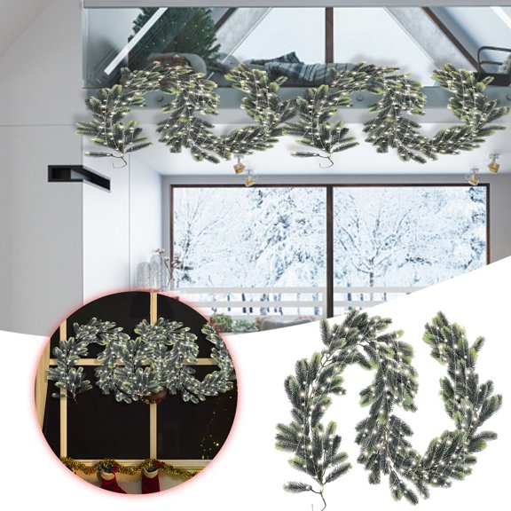 6.56ft Pre-Lit Artificial Christmas Vine Garland with Warm White LED Lights, Artificial Norfolk Pine Garland, Flexible Greenery Garrain for Christmas Tree Mantel Wedding Holiday Decor,Green/2PCS