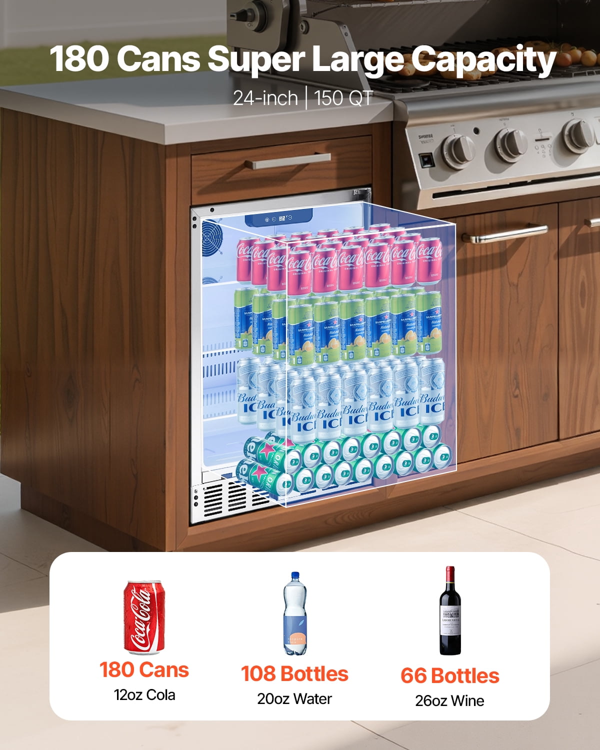 VEVOR 24-Inch Indoor/Outdoor Beverage Refrigerator,150 QT Freestanding or Undercounter Beverage Fridge,180 Cans Built-in Beer Fridge with Stainless Steel Body for Residential Home Bar Commercial Use