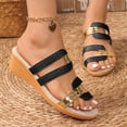thumbnail image 2 of Rokment Glitter Metallic Wedges Dress Sandals for Women Vintage Gold Color Block Leather Linen Sole Open Toe Mid Heels Slip on Casual Summer Beach Slides Shoes Black Size 6, 2 of 8