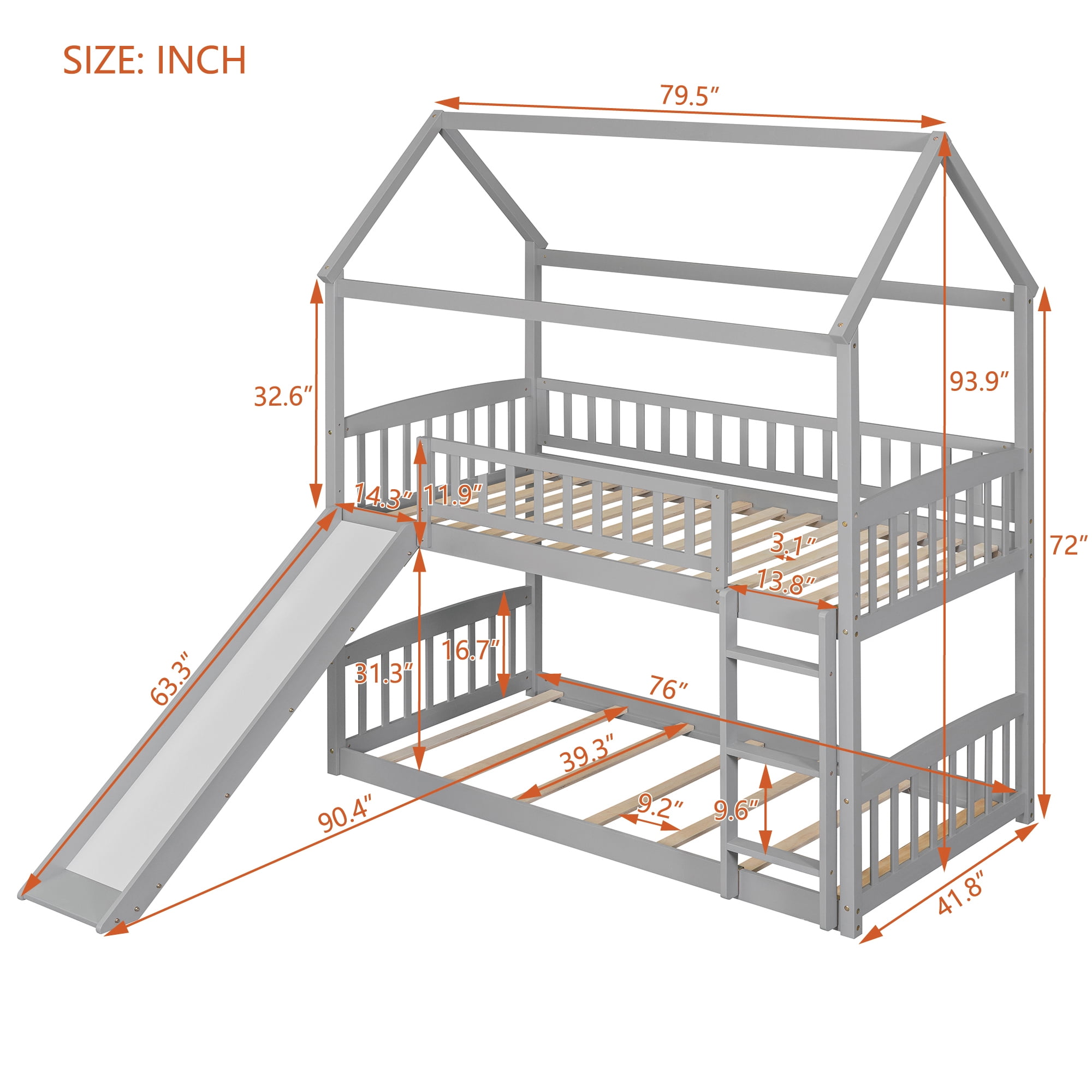 Aukfa Twin over Twin Bunk Bed with Slide, Floor Bunk Bed for Kids, Boys and Girls, House Top, Wooden - Gray