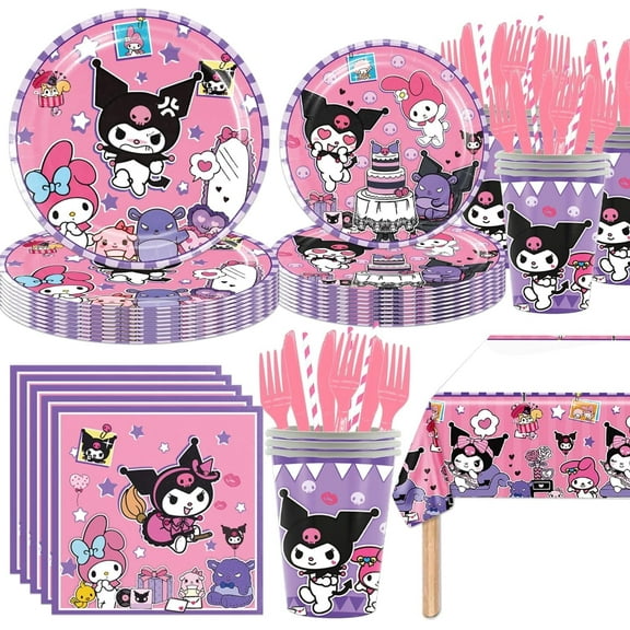 141Pcs Kuromi Parties,Kuromi Party Tableware Party Disposable Dinnerware Plates Cups Napkins for Kuromi Baby Shower Party Decoration Supplies,Suitable for 20 guests to use