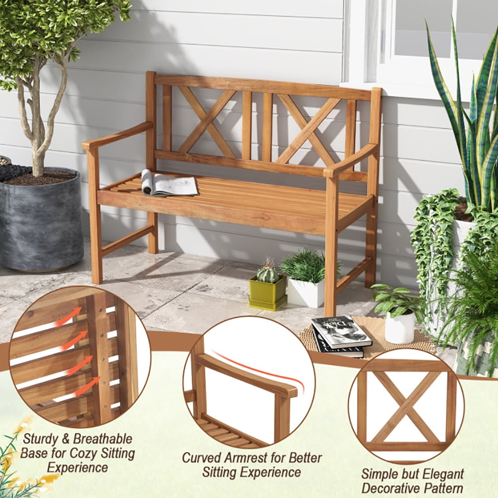 Aimee Lii 2-Person Wood Outdoor Bench with Cozy Armrest and Backrest, Outdoor Deck Furniture