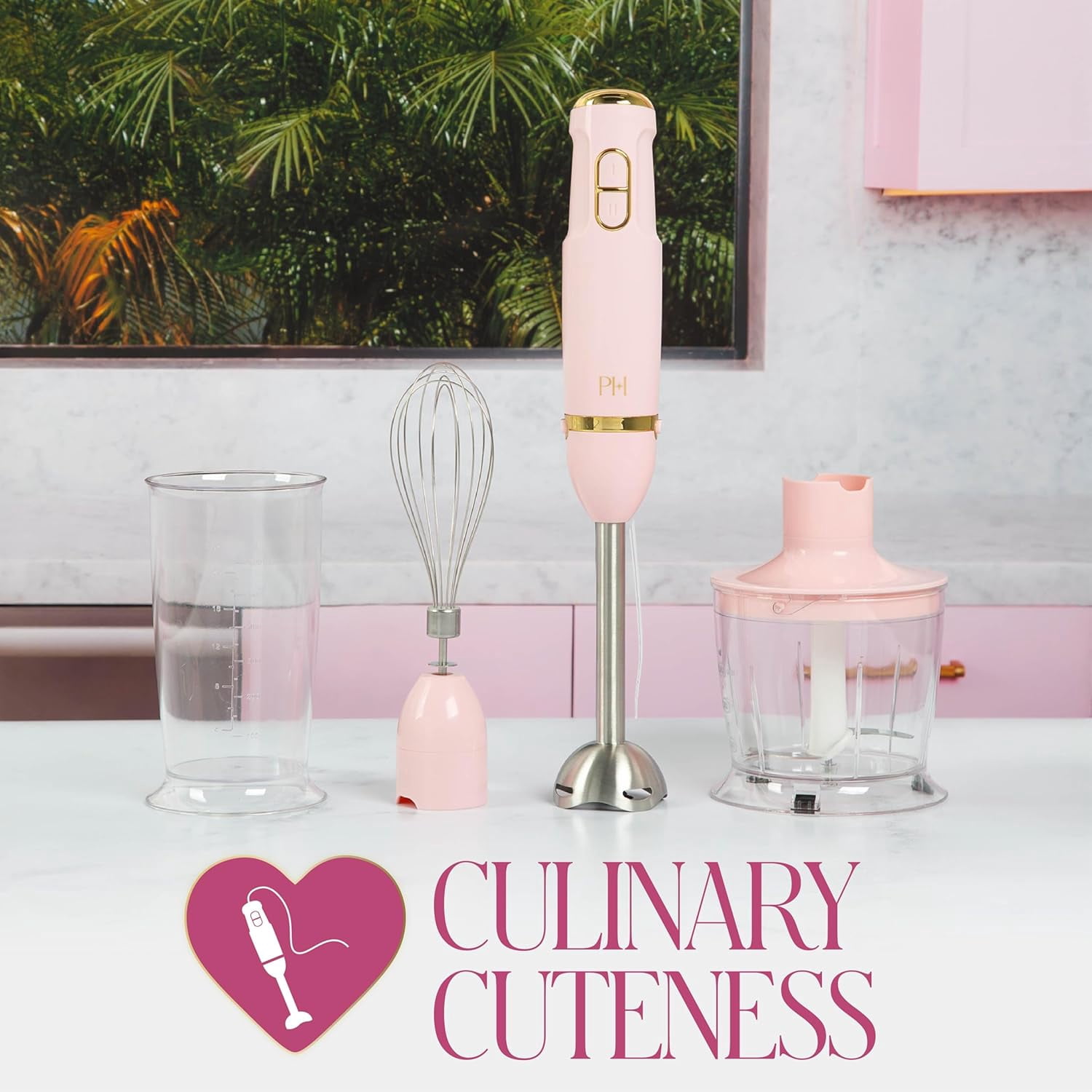 Hand Blender Set, 2-in-1 Immersion Stick Blender with Whisk & Blending Shaft, 400W High Speed, Pink with Gold Accents