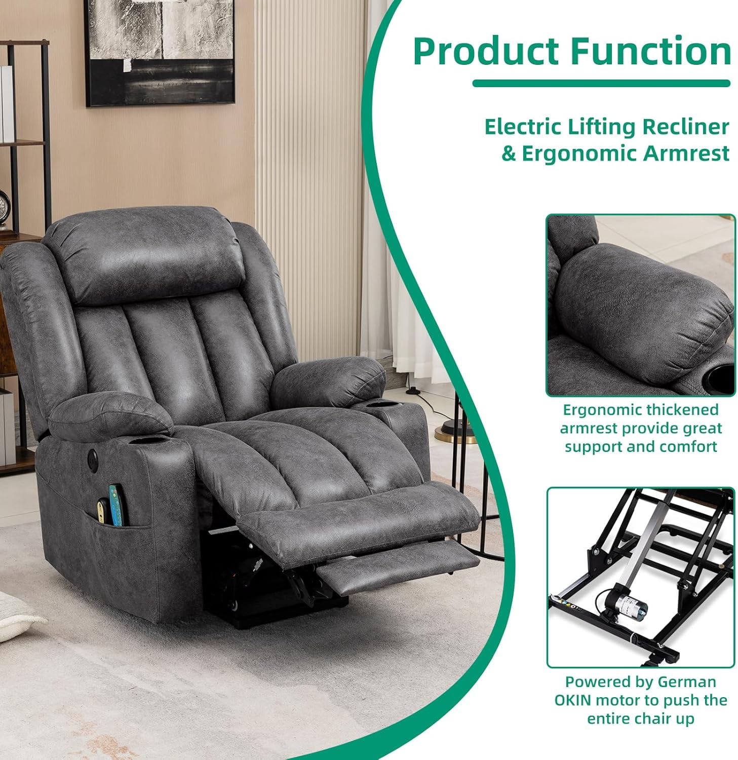 VIVIJASON Tall Man Large Power Lift Recliner Chair with Heat and Massage for Elderly, Overstuffed Wide Electric Lift Recliner with 2 Cup Holder, Extended Footrest, Side Pockets & USB Ports (Grey)