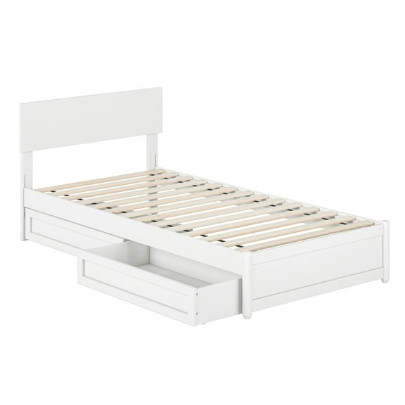 Wesley Twin XL Wood Platform Bed with Panel Footboard & Storage Drawers in White