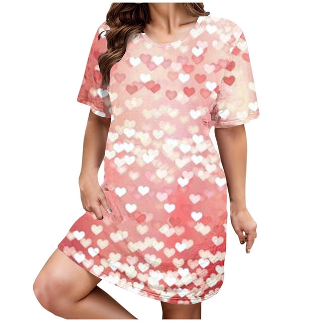 Kelon Nuisettes et Chemises de Nuit pour Femmes Grande Taille Robe de Nuit Décontractée pour Femmes Grande Taille Imprimé Cœur Manches Courtes Col Rond Extensibilité Moyenne Nuisette Ample Robe de Nuit de la Saint-Valentin