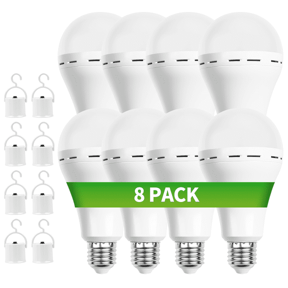 Rechargeable Emergency Light Bulbs, Qissep 8 Pack Battery Operated Backup Light Bulb for Power Outage Camping Outdoor Hurricane 12W E27 3000K 1200mAh