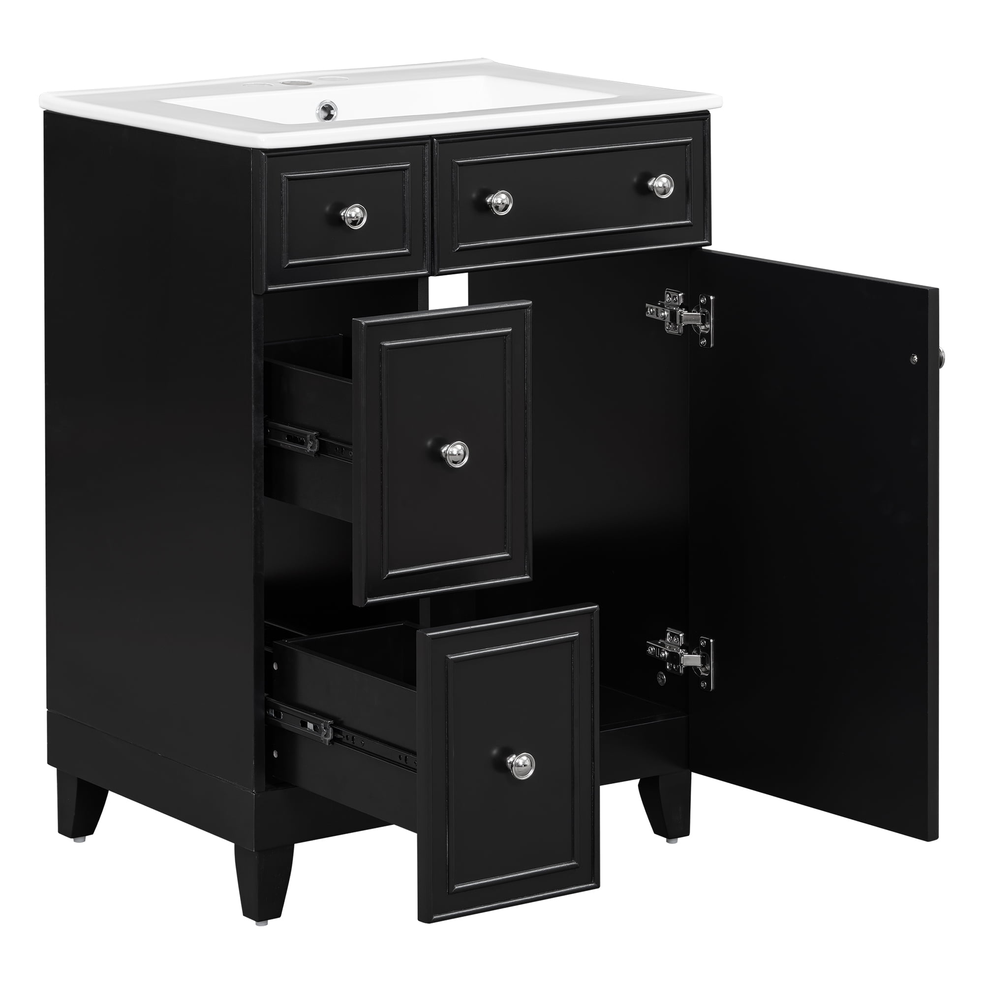 Homy Casa 24 Inch Bathroom Vanity with Sink, Ceramic Top, Drawers and Doors, Black