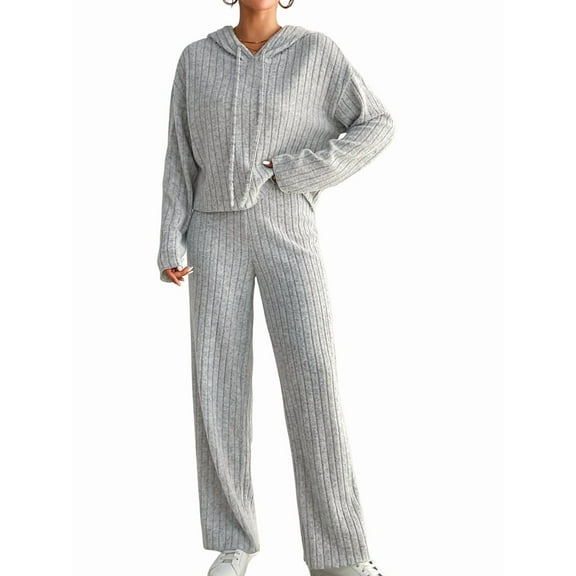 Womens Lounge Sets 2 Piece Matching Pajamas Fall Fashion Ribbed Knit Outfits Long Sleeve Casual Sweatsuits Grey L