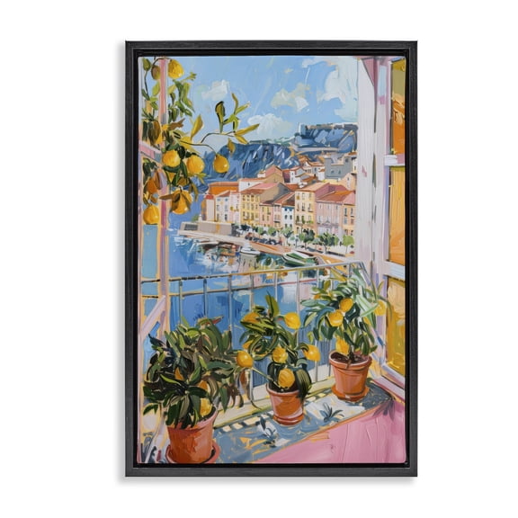 Stupell Industries Seaside Town Window View Landscape & Nature Painting Black Floater Framed Canvas Art Print Wall Art, 17 x 25