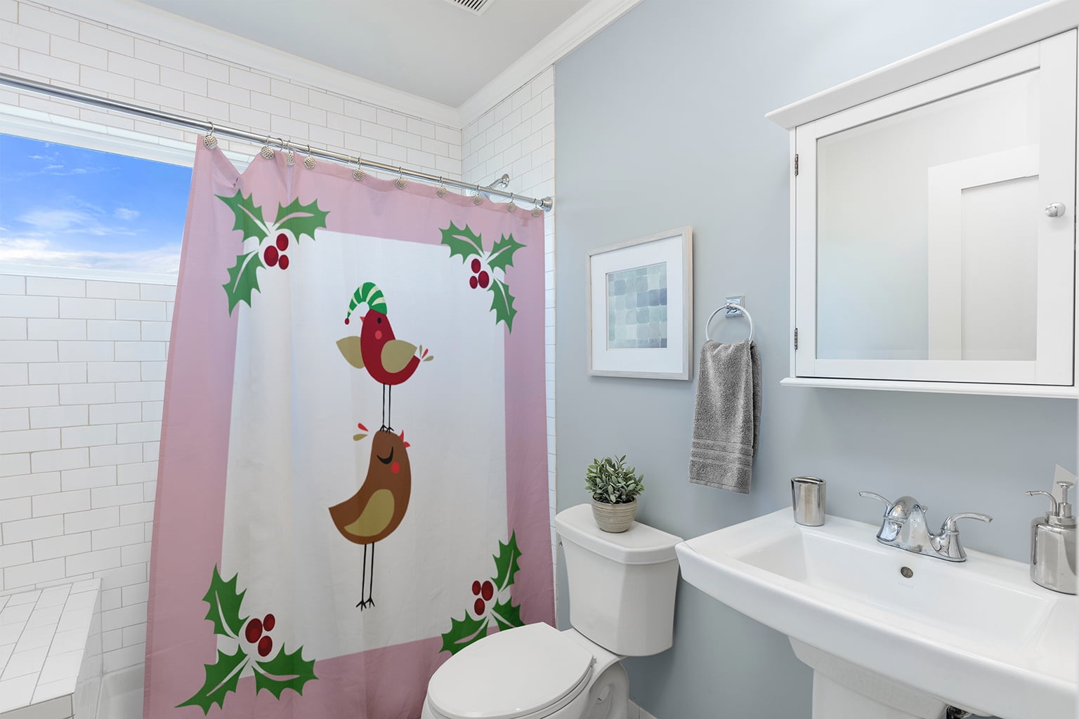 Simply Daisy 70" W x 73" L Christmas Birds Polyester Shower Curtain, Light Pink [1 Ct]