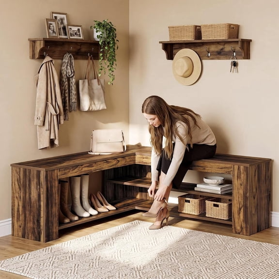 Finmind 47.24" L-Shaped Corner Storage Bench, Entryway Shoe Bench