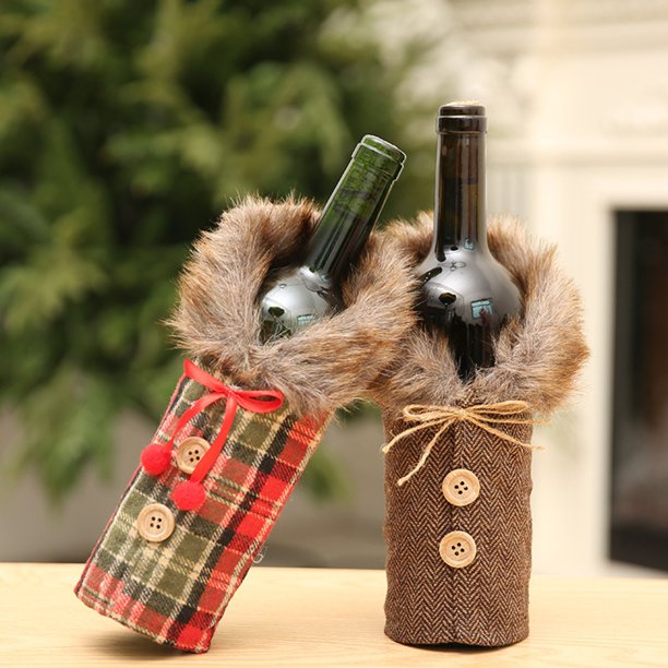 Teissuly Christmas Decorations Wine Set Holiday Decoration Props Linen Collar Wine Bottle Cooler Teissuly WER202310165367