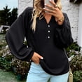 thumbnail image 3 of Camisa de manga larga con cuello en V para mujer, blusas sueltas de punto con botones hacia abajo y abertura lateral informal a la moda para otoño e invierno, negro M, 3 of 6