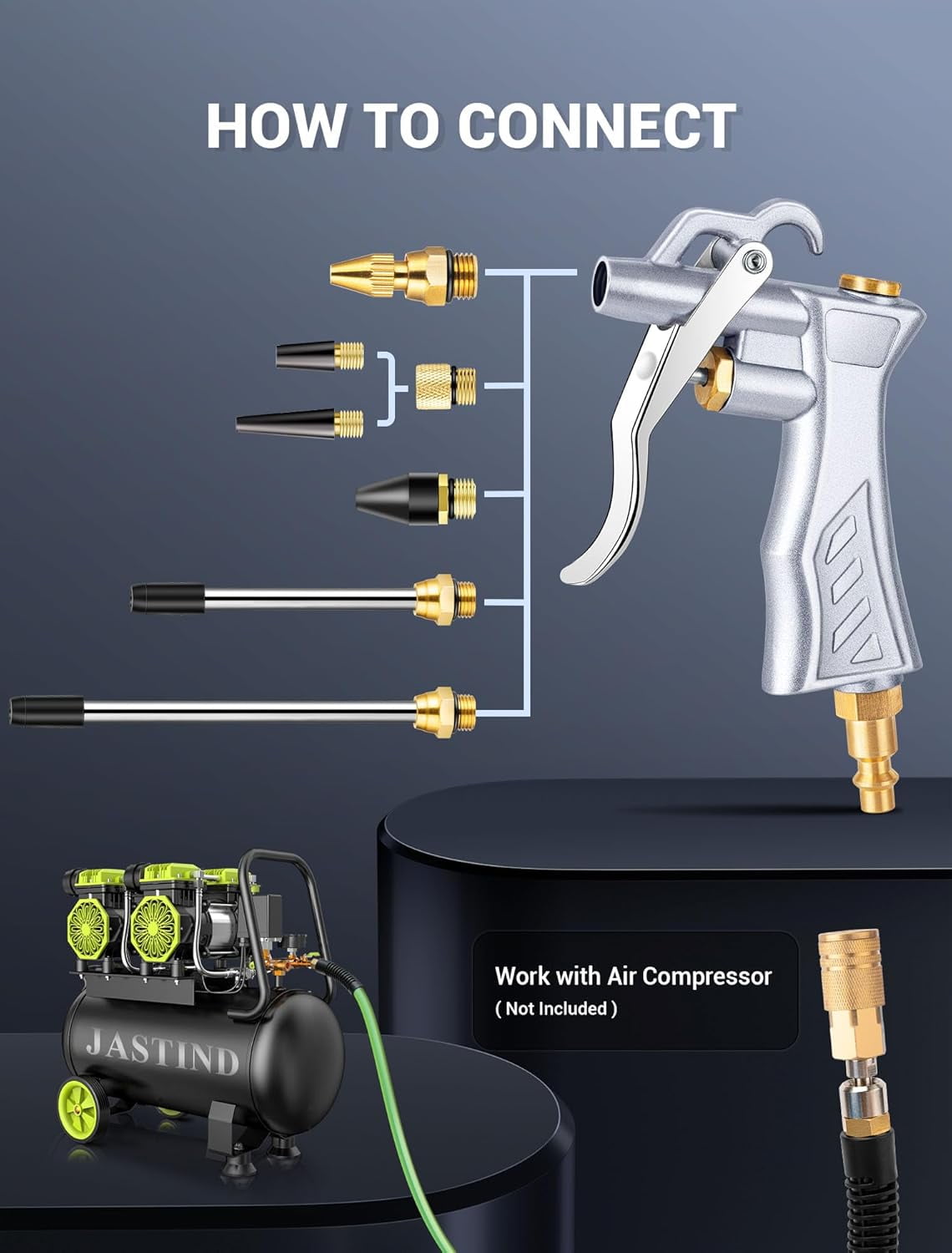 HRTGFD-Industrial Air Blow Gun with Brass Adjustable Air Flow Nozzle and 2 Steel Extension, Pneumatic Air Compressor Accessory Tool Dust Cleaning and Blower Gun