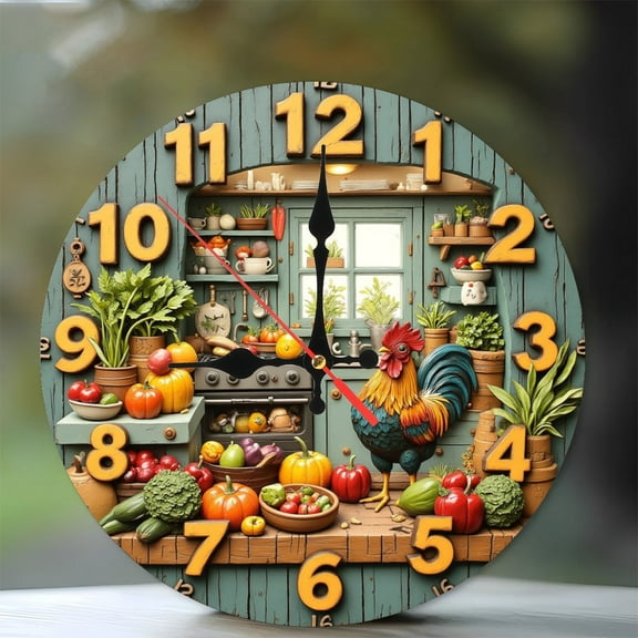 Farmhouse Kitchen Rooster Clock Wall Decor 10-Inch Silent Wooden Wall Clock, Battery Operated (AA Batteries Not Included), Artistic Home Decor