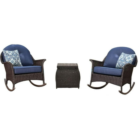 Betterliving Patio & Sunrooms Hanover Sun Porch 3-Piece Resin Rocking Chair Set with 2 Handwoven Rocking Chairs, Side Table, and Plush Navy Blue Cushions ()