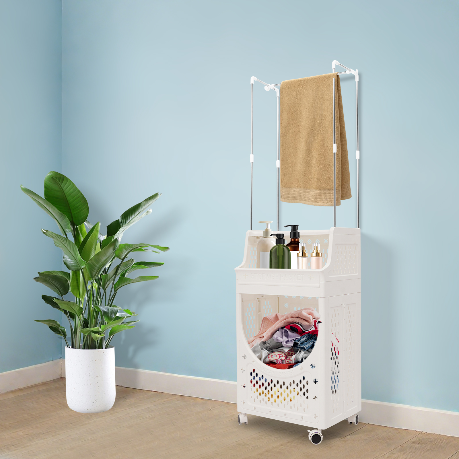 3-Tier Laundry Basket with Wheels Laundry Hamper Cart with Clothes Rack Dirty Clothes Hamper for Bathrooms