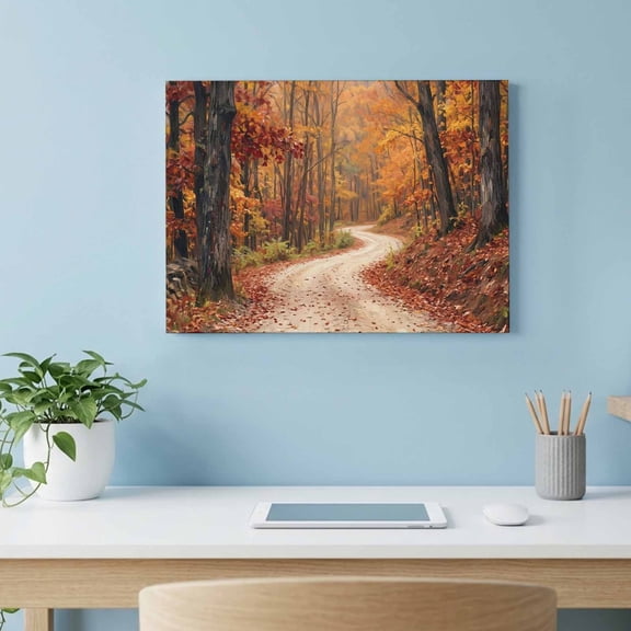 Fall Landscape Canvas Wall Art, Country Farmhouse Forest Red Orange Leaves Tree Wall Art Prints Artwork Framed Canvas Ready to Hang Art Pictures for Living Dining Room Bedroom Hallway 24" x 18"