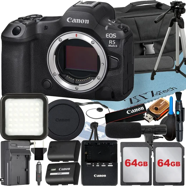 Canon EOS R5 Mark II Mirrorless Camera (Body Only) with 2 Pack 64GB Memory Card + Case + Tripod + ZeeTech Accessory Bundle