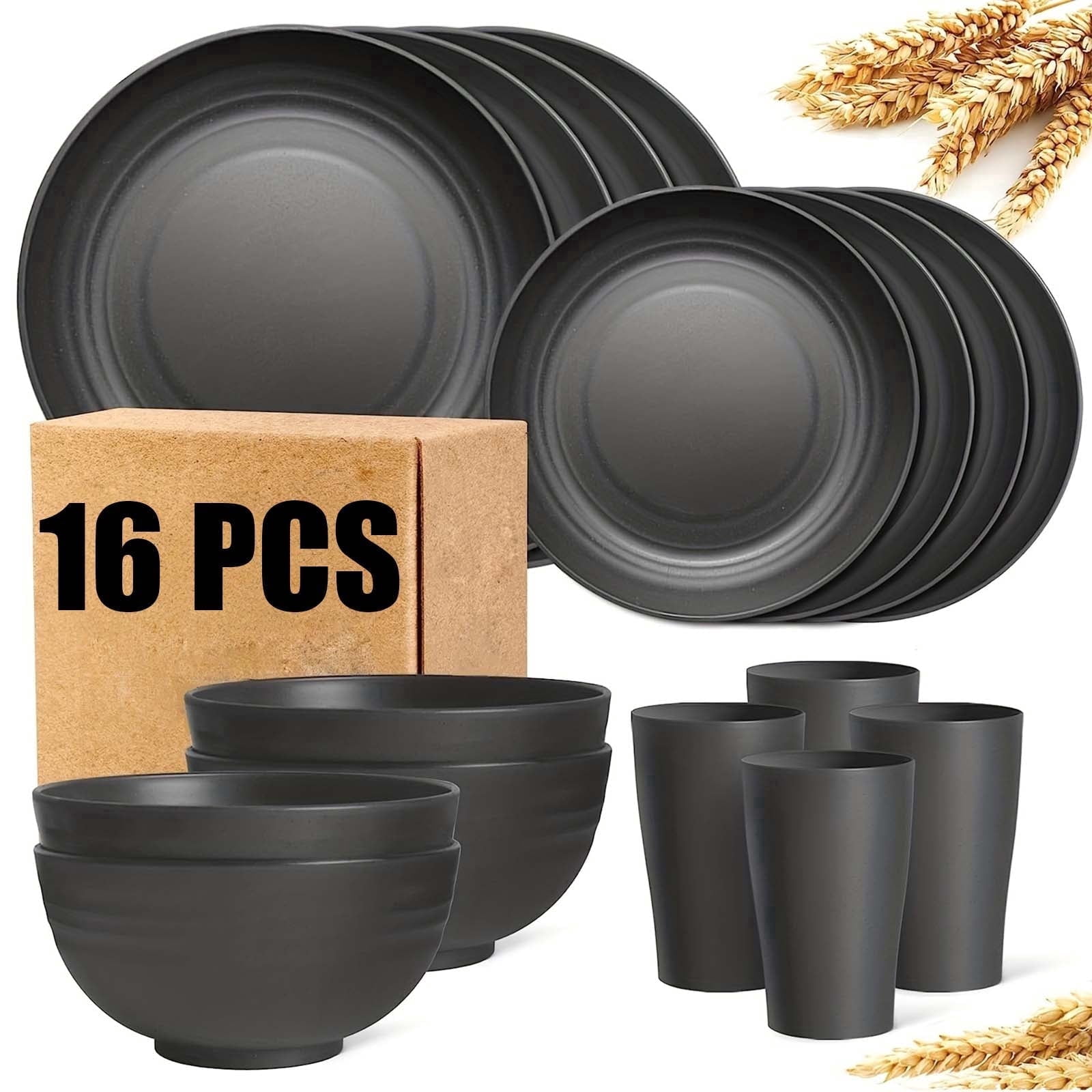 Michnild Dinnerware Sets Minimalist Wheat Straw Unbreakable Dishwasher Safe 16PCS Service for 4,Black
