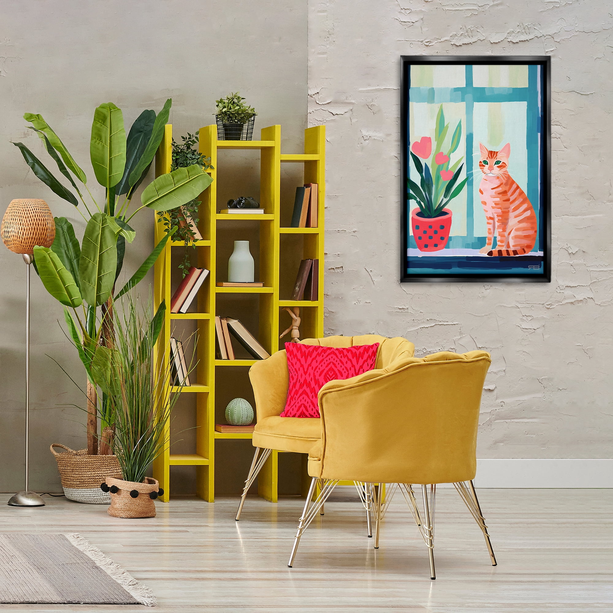 Stupell Industries Cat & Tulips in Windowsill Animals & Insects Painting Black Floater Framed Canvas Art Print Wall Art, 21 x 31