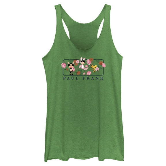 Women's Paul Frank Julius the Monkey and Bunny Girl Flower Scene Racerback Tank Top Envy Green Medium
