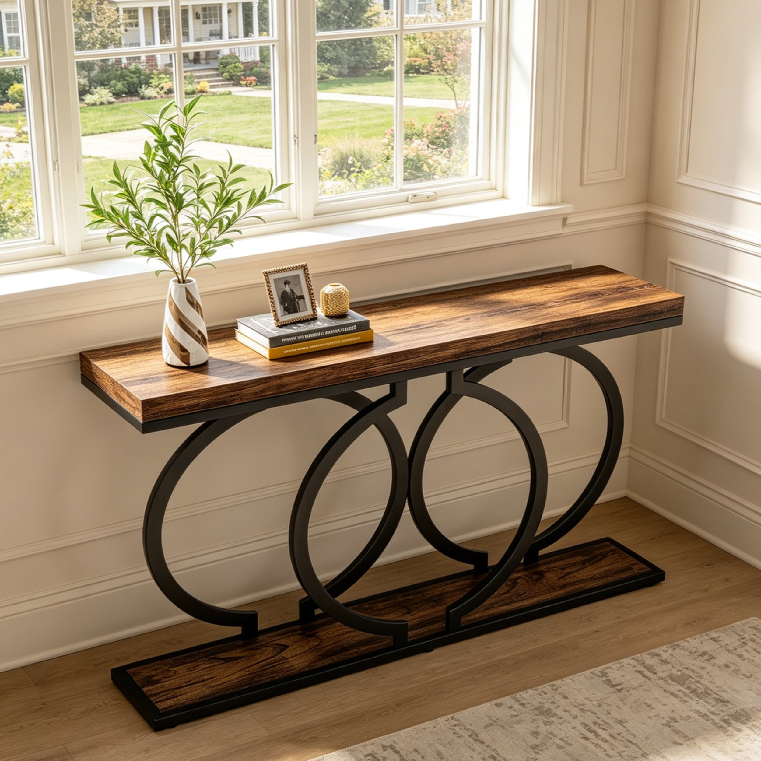 Fnova 55" Console Table, Modern Entryway Table with Geometric Metal Frame, Faux Marble Narrow Long Sofa Table for Living Room, Entrance, Hallway
