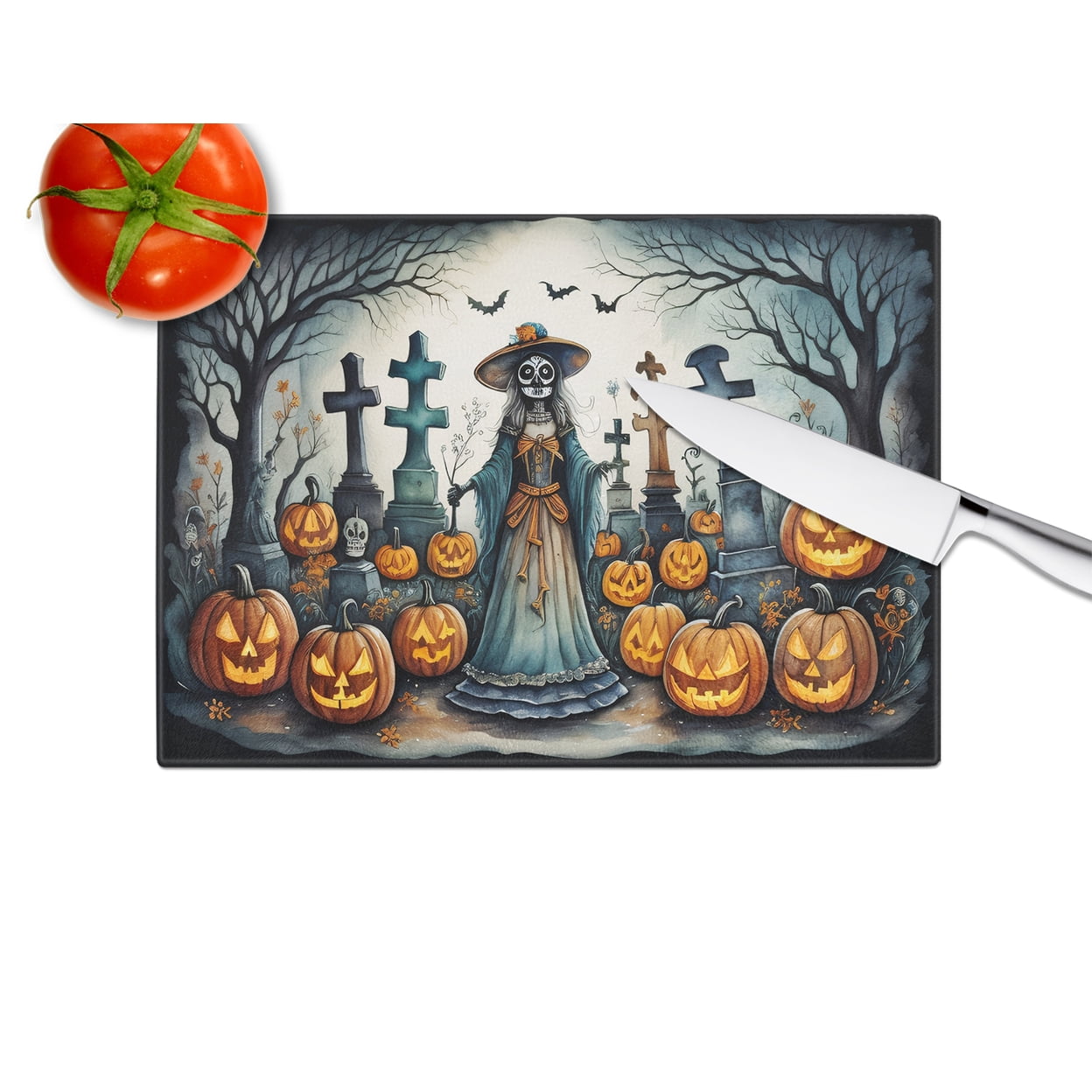 La Catrina Skeleton Spooky Halloween Glass Cutting Board Large 12 in x 15 in