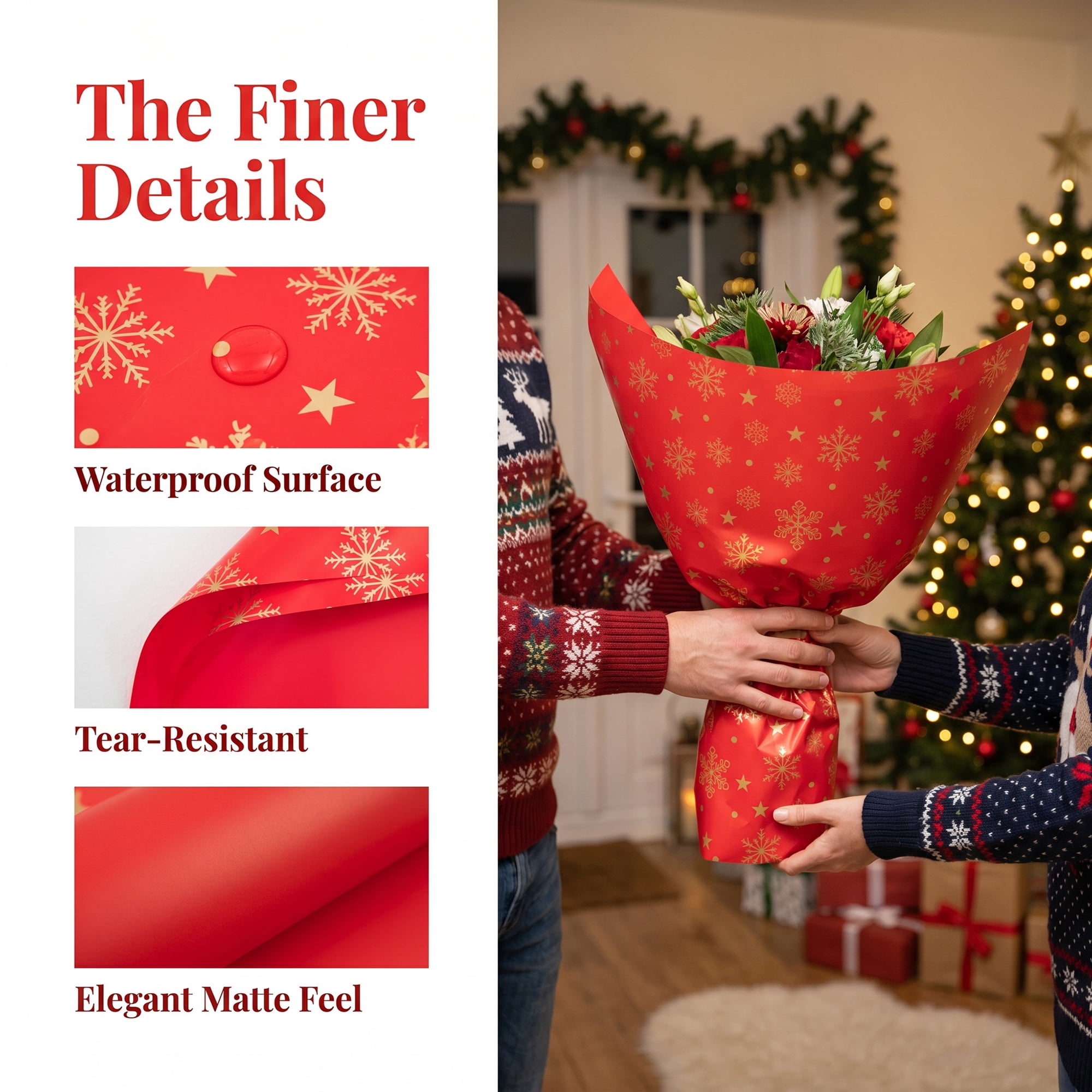 Unique Bargains Waterproof Matte Gift Wrap Paper for Bouquets Red Snowflake 22"x 22"