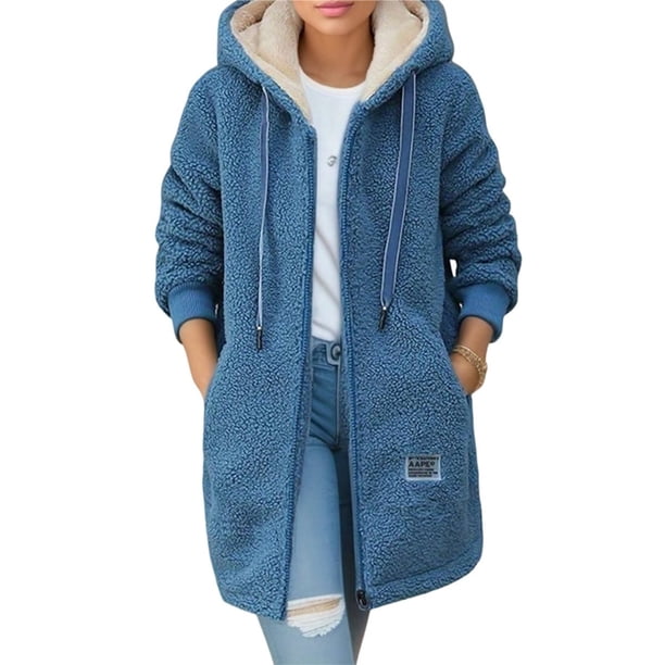 Chaqueta con Cremallera y Bolsillos para Mujer, Sudadera Larga Extragrande con Capucha, Abrigo Afelpado y Cálido. Azul XL