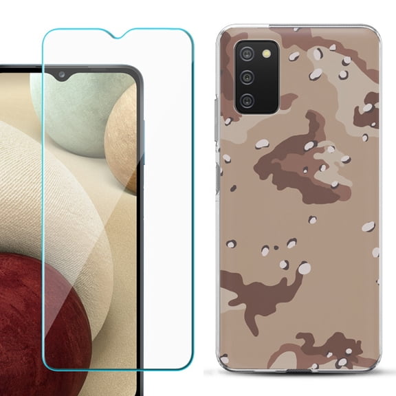 Slim-Fit TPU Fashion Phone Case for Samsung Galaxy A03s, with Tempered Glass Screen Protector, by OneToughShield ® - Desert Camo