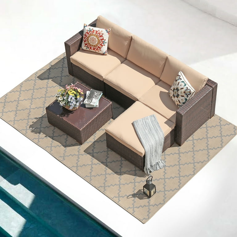 Patiorama 5 Piece All Weather Patio Set Brown Wicker with Beige Cushions Outdoor Set for Backyard Porch Poolside Walmart