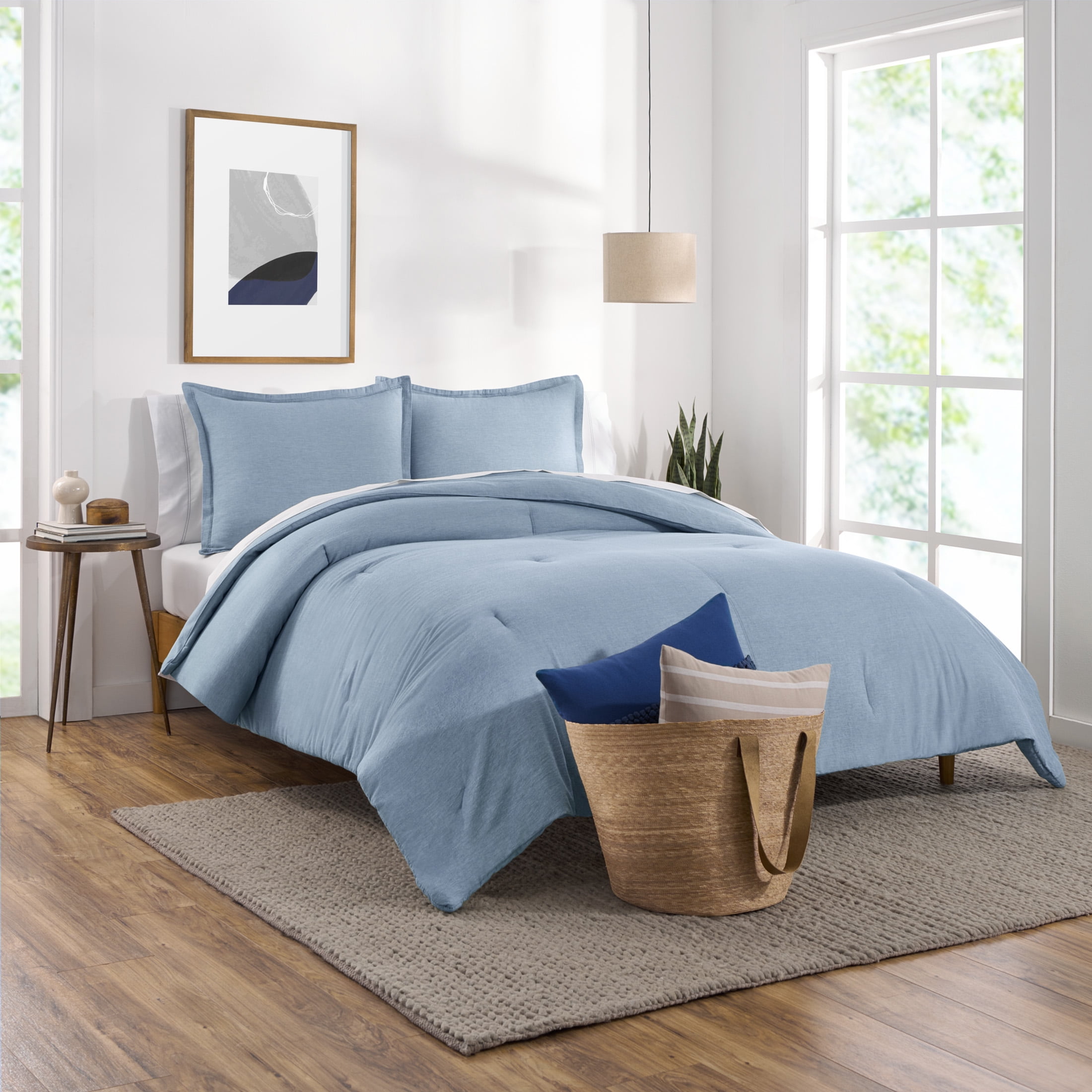 Basics Ultra-Soft Light-Weight Microfiber Reversible Comforter Bedding Set Full/Queen Blue Denim/Beige Stripes 
