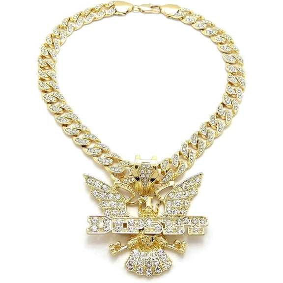 Hip Hop Iced Gold Plated Cubic Zirconia DIPSET EAGLE Pendant & 15mm 18" Cuban Chain Rapper Style Bling Jewelry Fashion Necklace Gift Set