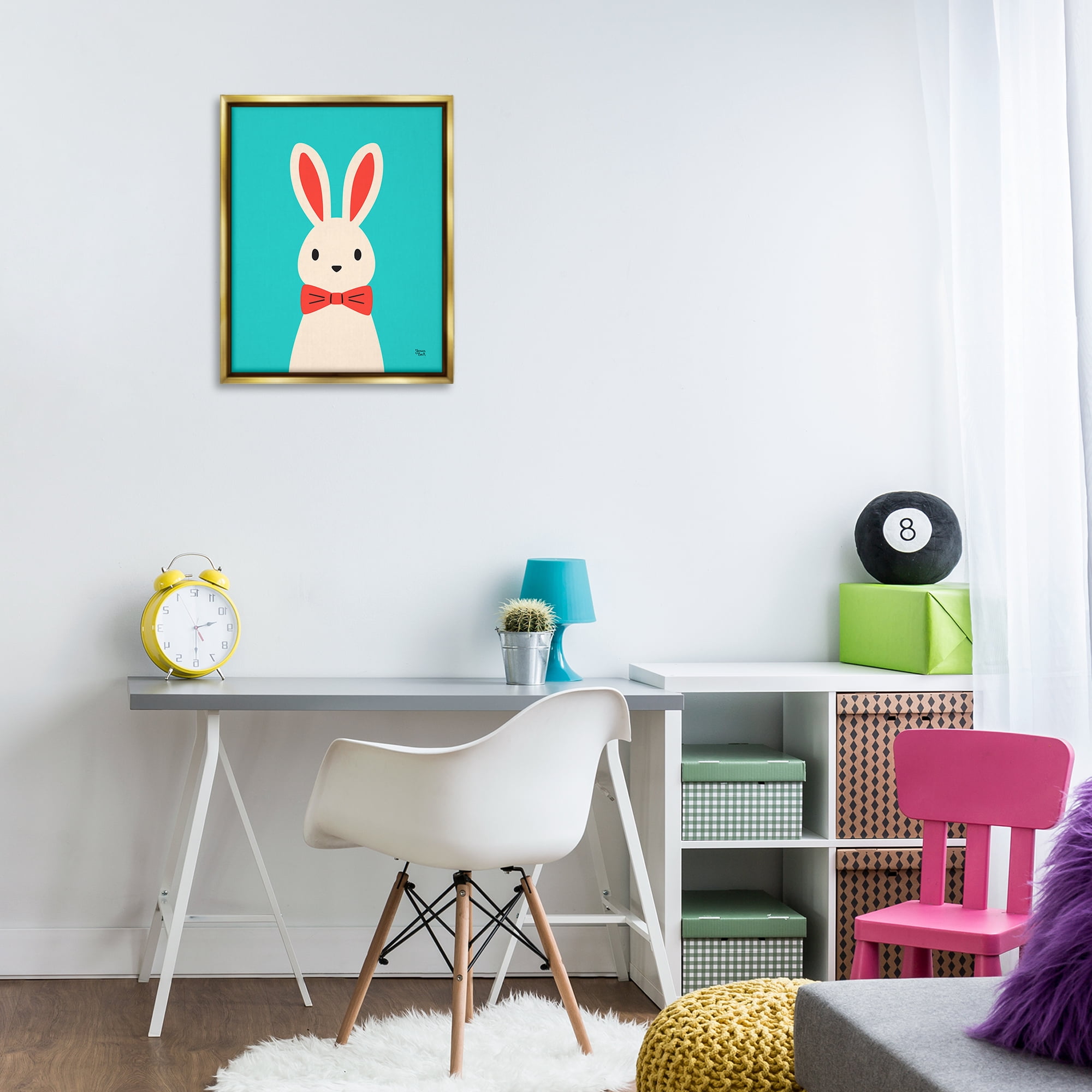 Stupell Industries Rabbit & Bowtie on Turquoise Animals Painting Gold Floater Framed Canvas Art Print Wall Art, 17 x 21