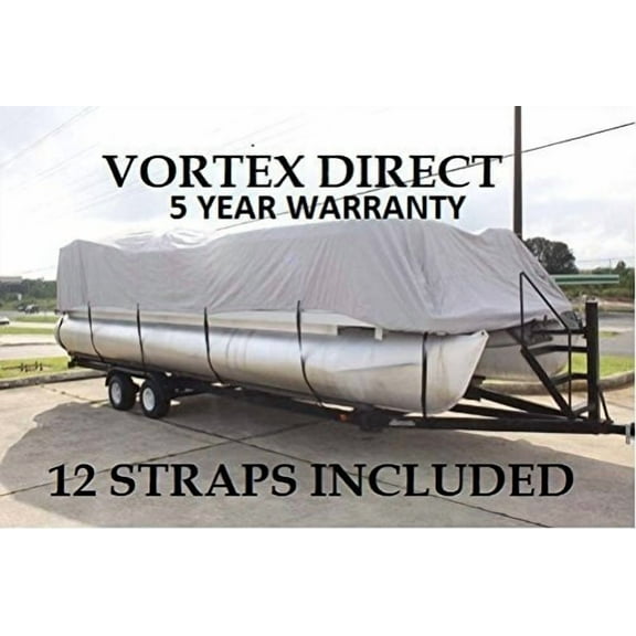 NEW GREY 20 FT VORTEX ULTRA 5 YEAR CANVAS PONTOON/DECK BOAT COVER, ELASTIC, STRAP SYSTEM, FITS 18'1" FT TO 20' LONG DECK AREA, UP TO 102" BEAM (FAST FREE SHIPPING - 1 TO 4 BUSINESS DAY DELIVERY)