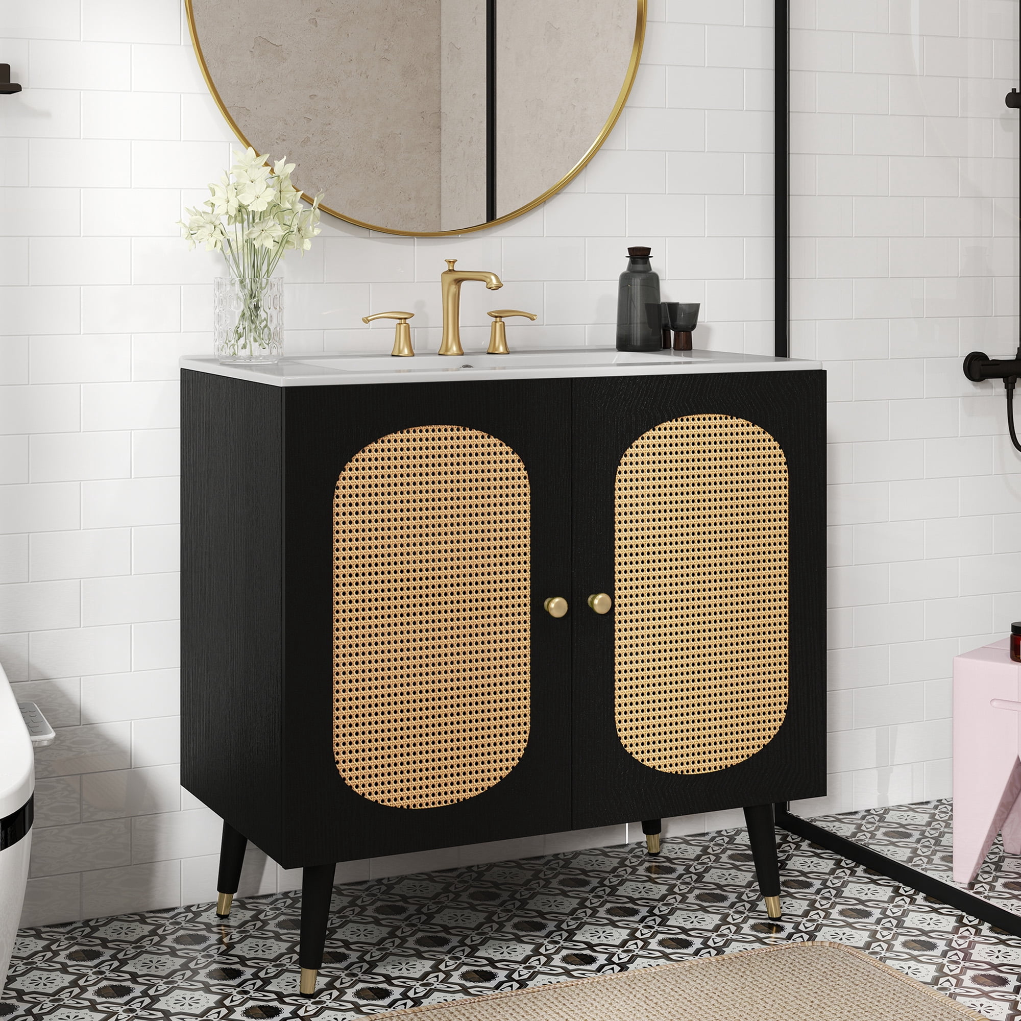 Uforic 36 Inch Mid-Century Rattan Bathroom Vanity, Freestanding Wooden Vanity Cabinet with Ceramic Sink for Home Bathroom, Black
