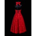 thumbnail image 2 of Red Halter Neck Deep V-Neck Backless Bowknot Floral Jacquard Fit & Flare Dress, 2 of 8