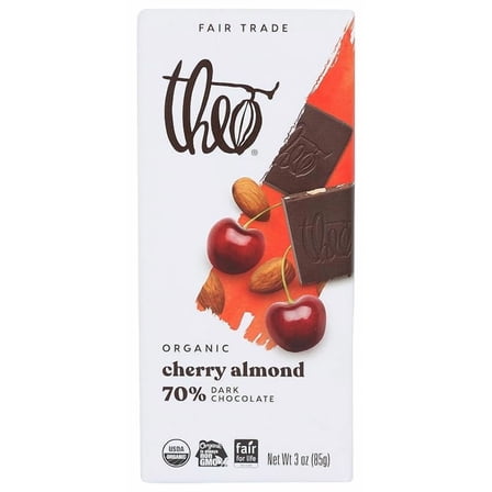 Theo Cherry Almond Organic Dark Chocolate Bar, 70% Cacao, 1 Bar | Vegan, Fair Trade
