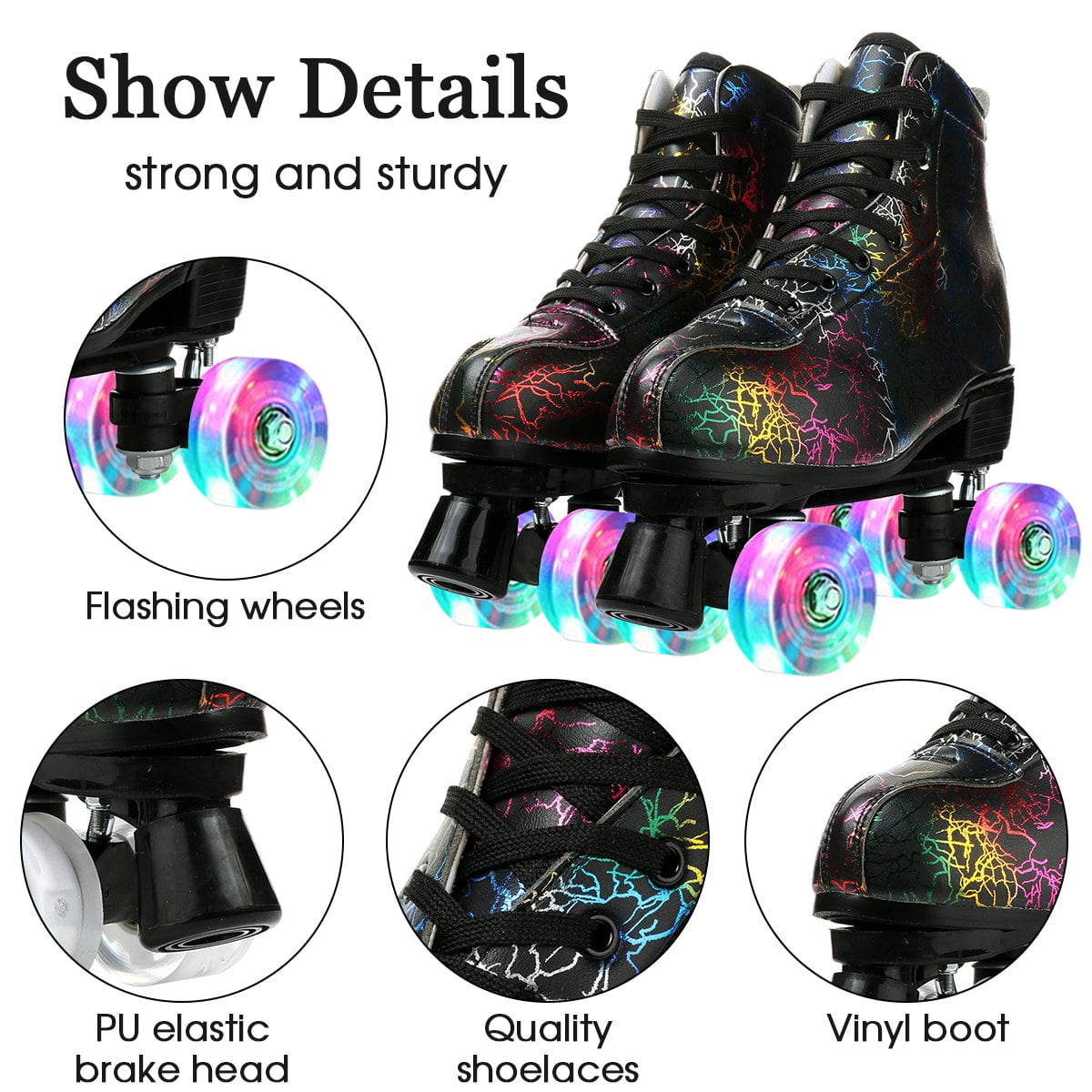 EONROACOO Womens Girls Boys Black Roller Skates Adult Light up Quad Skates(Women 7/Men 6)