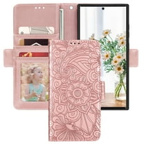 Petocase for Samsung Galaxy S23 Ultra Wallet Case,Embossed Mandala Floral Leather Folio Flip Wristlet Shockproof Protective ID Credit Card Slot Holder Cover for Women Girls,Rose Gold