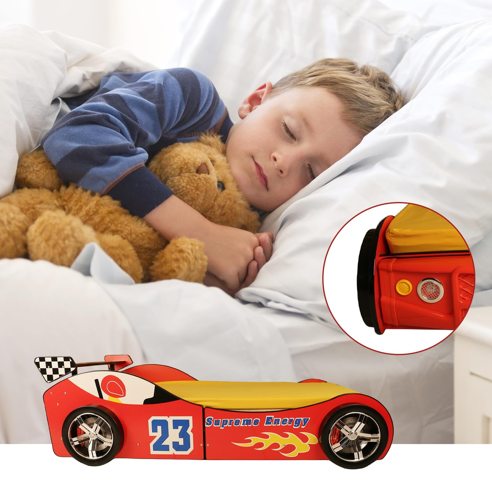 Twin Size Race Car Bed for Kids - Red Wooden Platform Frame with LED Lights, Wheels & Slat Support ,No Box Spring Needed