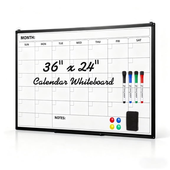 Comix Monthly Dry Erase Calendar Board 36"x24", Magnetic Whiteboard for Wall with Hooks, Marker Tray, Markers, Magnets and Eraser, for Office Home Kitchen