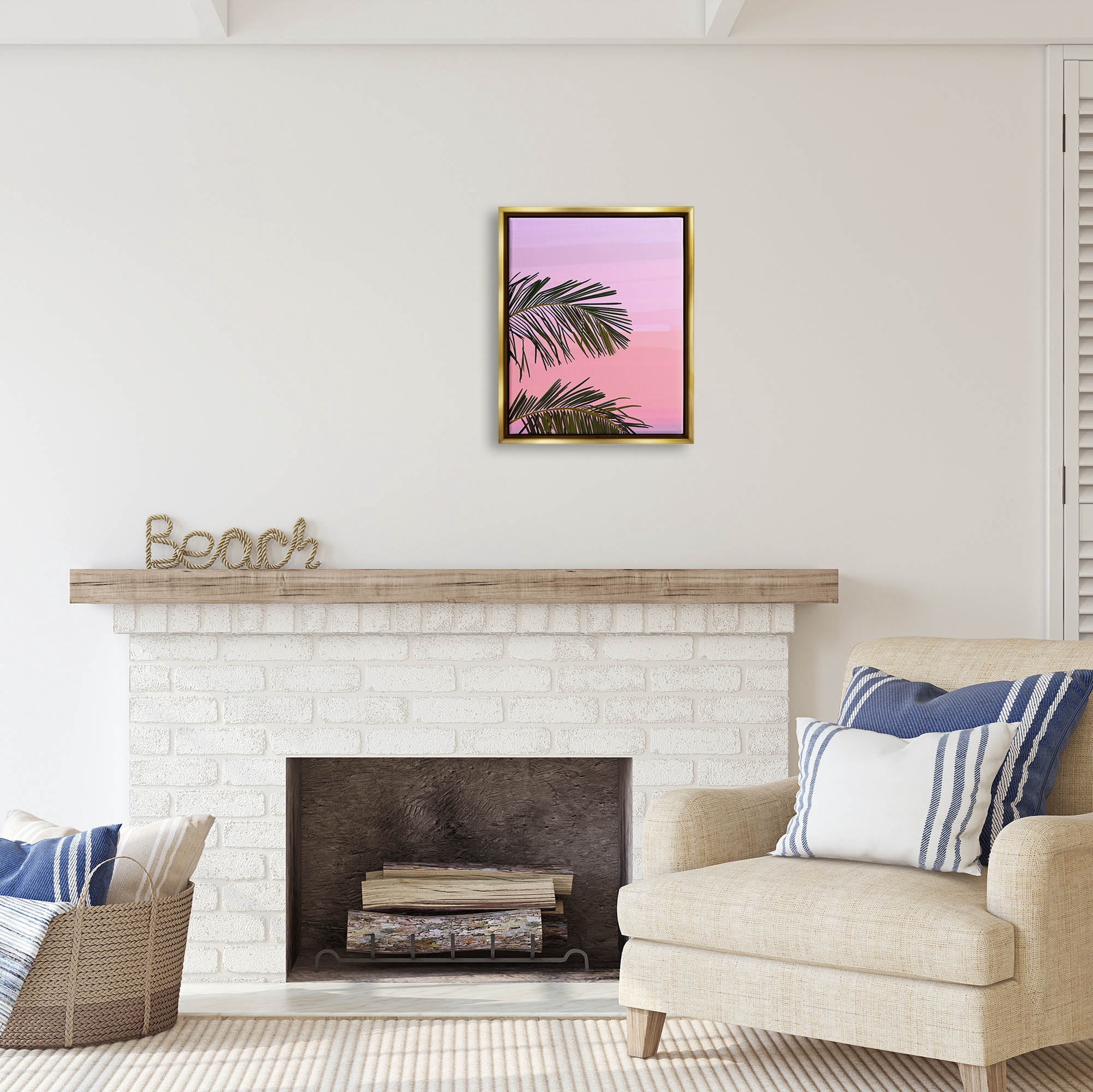 Stupell Industries Pink & Purple Sunset Palm Leaves Coastal Painting Gold Floater Framed Art Print Wall Art
