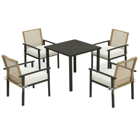 Resenkos 5 Pieces Outdoor Dining Set, Wicker Rattan Patio Furniture Set, Cushions, Beige
